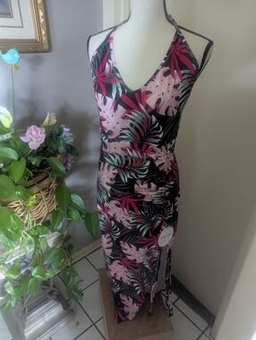 SHEIN Pink & Black Tropical Halter Maxi Dress